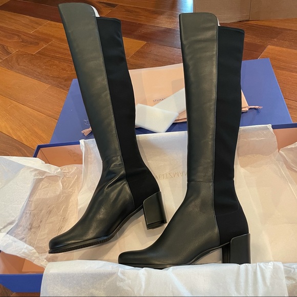 NIB Stuart Weitzman 5050 block black leather knee high boots - Picture 2 of 13